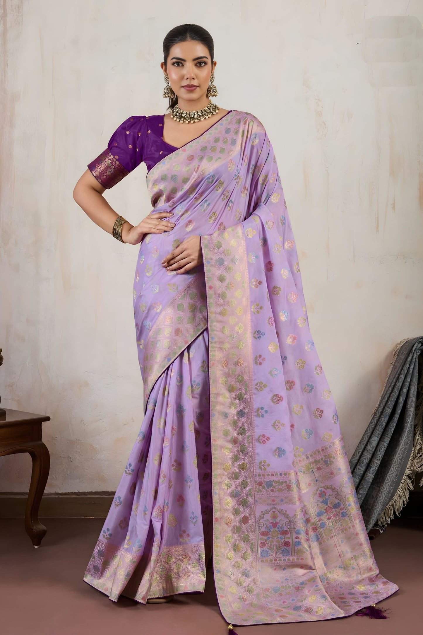 Lavender Banarasi Silk Saree Multicolor Zari Buti Weaving Rich Pallu 