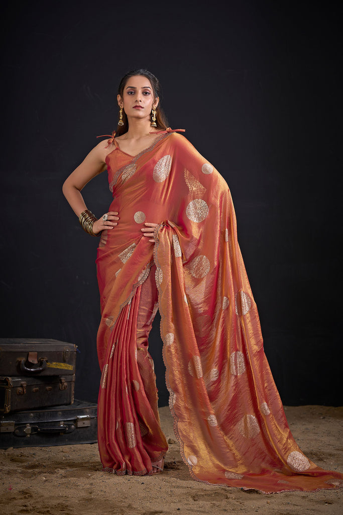 Copper Orange Tissue Silk Saree with Gold Zari Polka Butti Design
