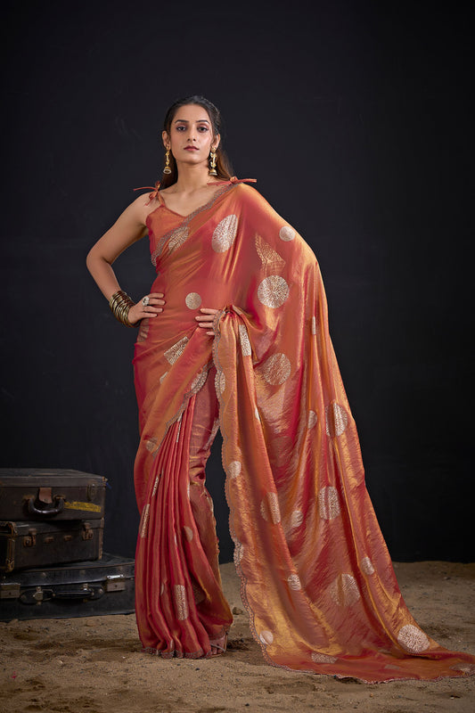 Copper Orange Tissue Silk Saree with Gold Zari Polka Butti Design