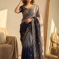 Navy Blue Ombre Organza Silk Saree Floral Embroidery Border