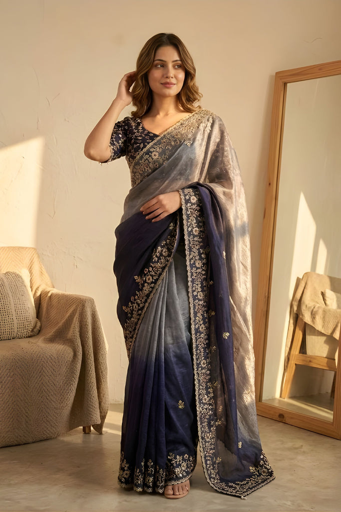 Navy Blue Ombre Organza Silk Saree Floral Embroidery Border
