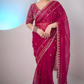  Designer Rani Pink Georgette Saree Heavy Embroidered Border Sequins Work 
