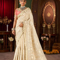  Ivory Gold Silk Saree with Heavy Zari Border Pink Blouse Traditional Wear Saree