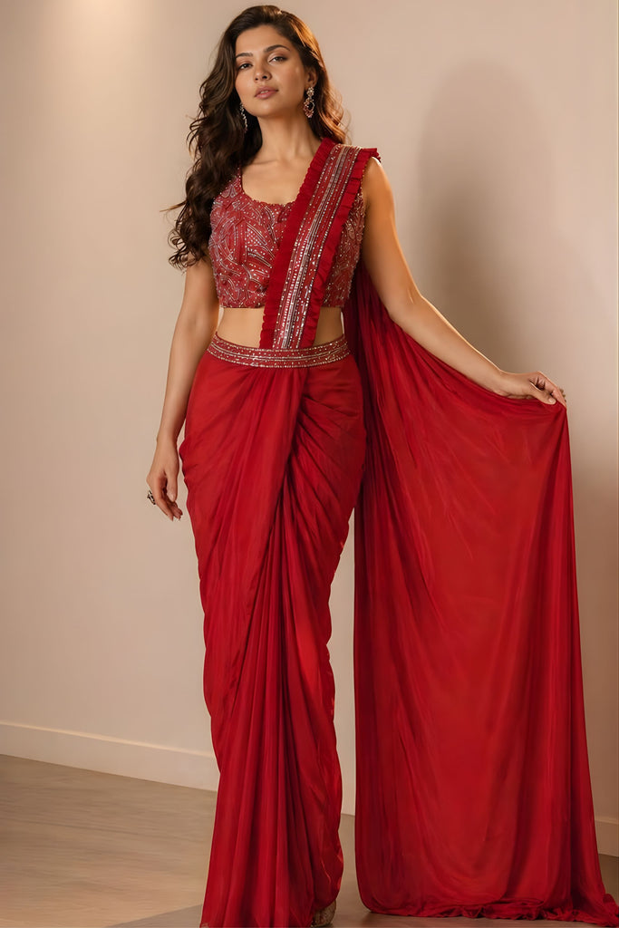 Luxury Red Ready to Wear Satin Saree with Heavy Embroidered Blouse