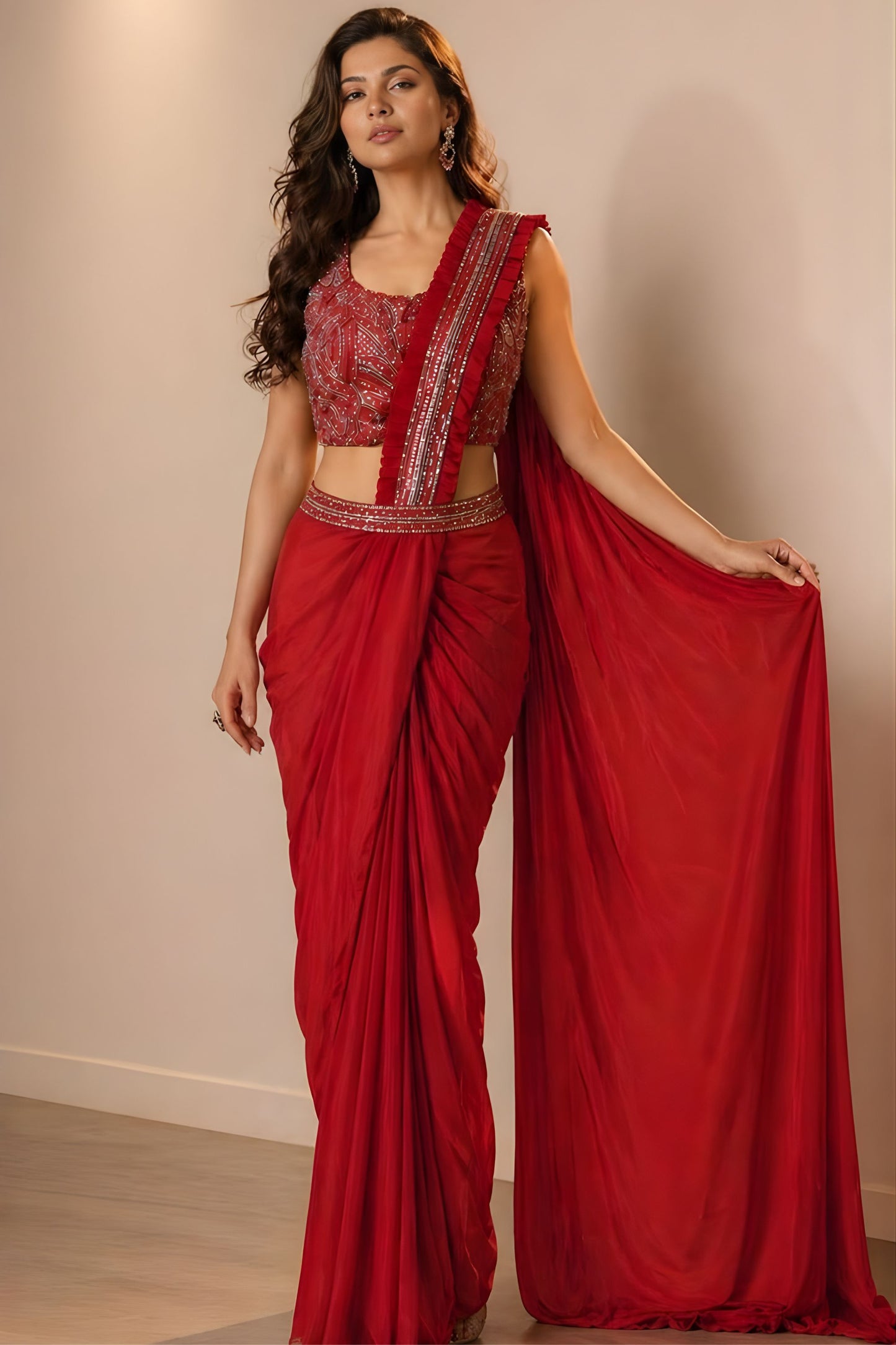 Luxury Red Ready to Wear Satin Saree with Heavy Embroidered Blouse