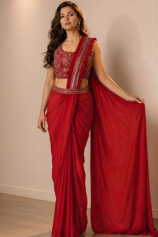 Luxury Red Ready to Wear Satin Saree with Heavy Embroidered Blouse