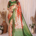 Orange And Green Banarasi Silk Saree with Zari Weaving and Contrast Blouse