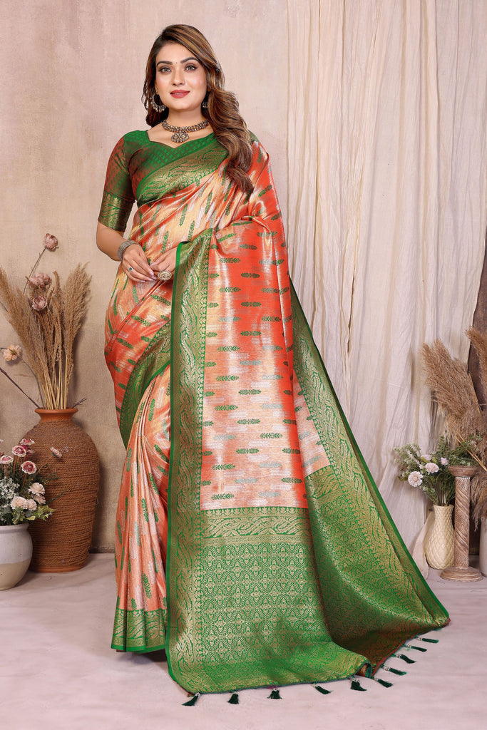 Orange And Green Banarasi Silk Saree with Zari Weaving and Contrast Blouse