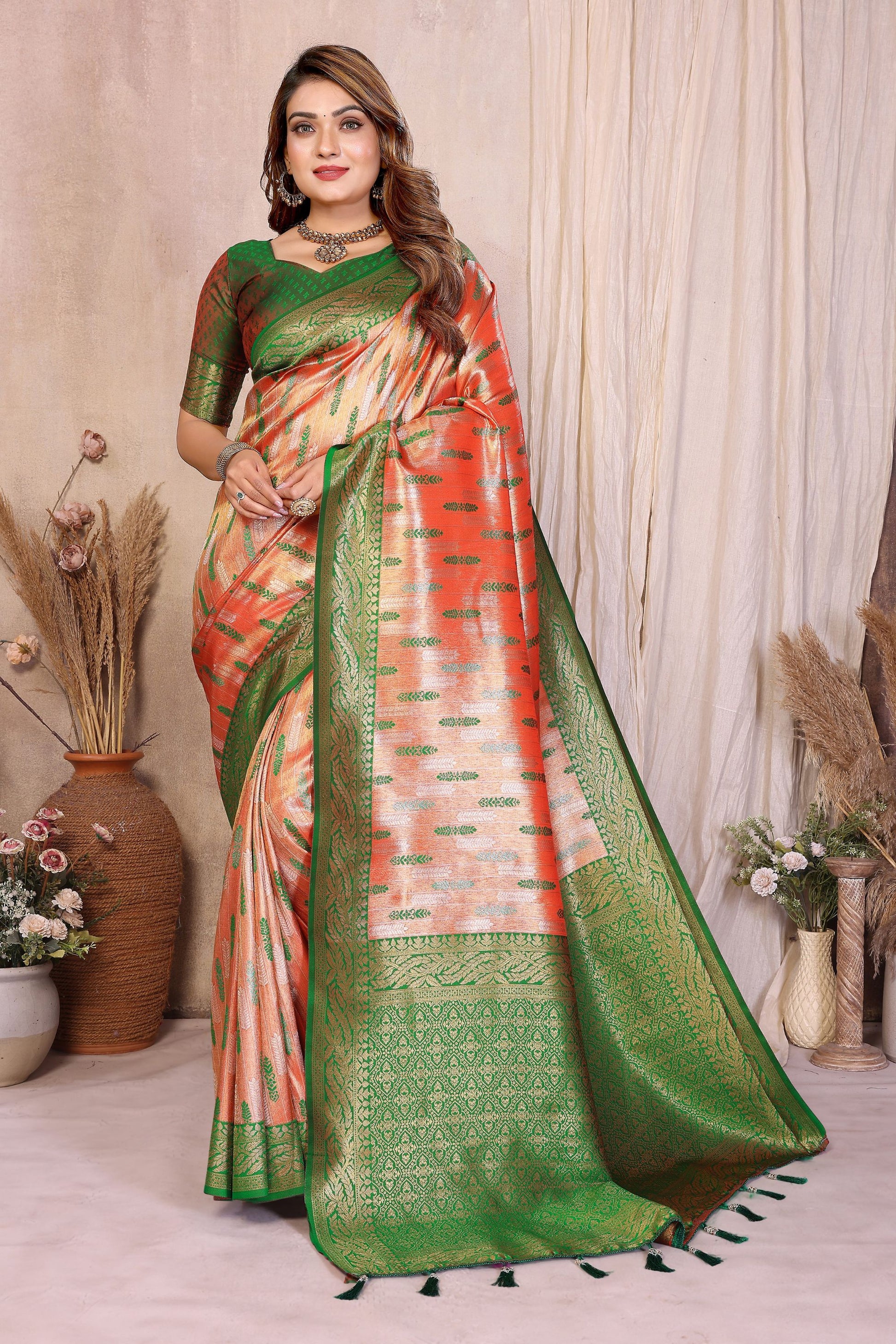 Orange And Green Banarasi Silk Saree with Zari Weaving and Contrast Blouse