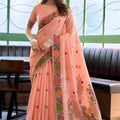 Elegant Peach Linen Cotton Saree with Floral Printed Border