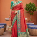 Red Silk Saree with Green Contrast Border Traditional Zari Festive Wear