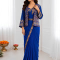 Royal Blue Designer Saree Heavy Golden Embroidered Border Matching Jacket Set