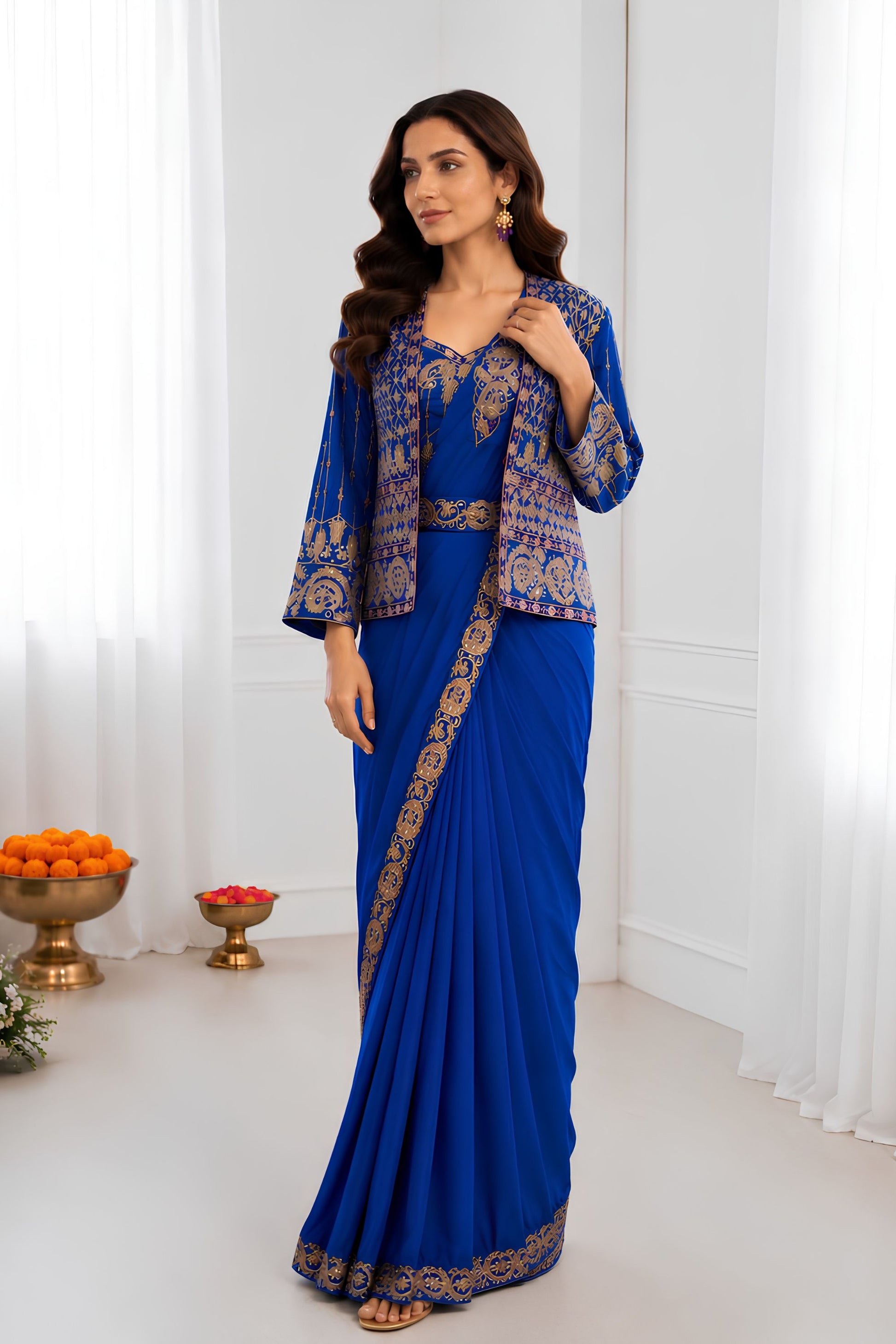 Royal Blue Designer Saree Heavy Golden Embroidered Border Matching Jacket Set