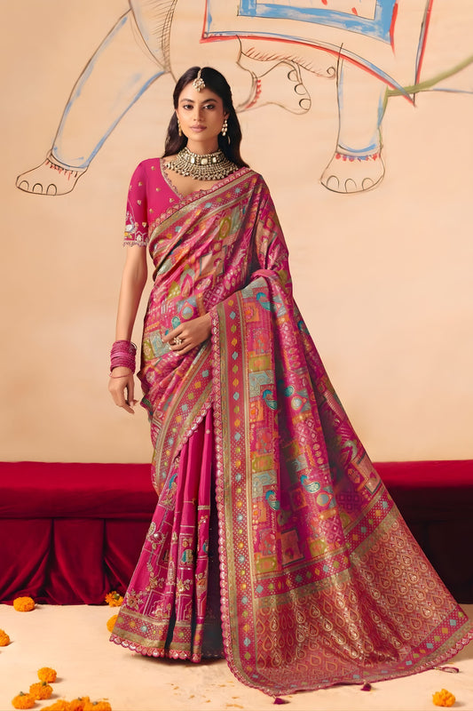 Rani Pink Paithani Silk Saree Multicolor Zari Weaving Saree 