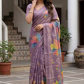 Lavender Printed Linen Silk Saree with Multicolor Leaf Design