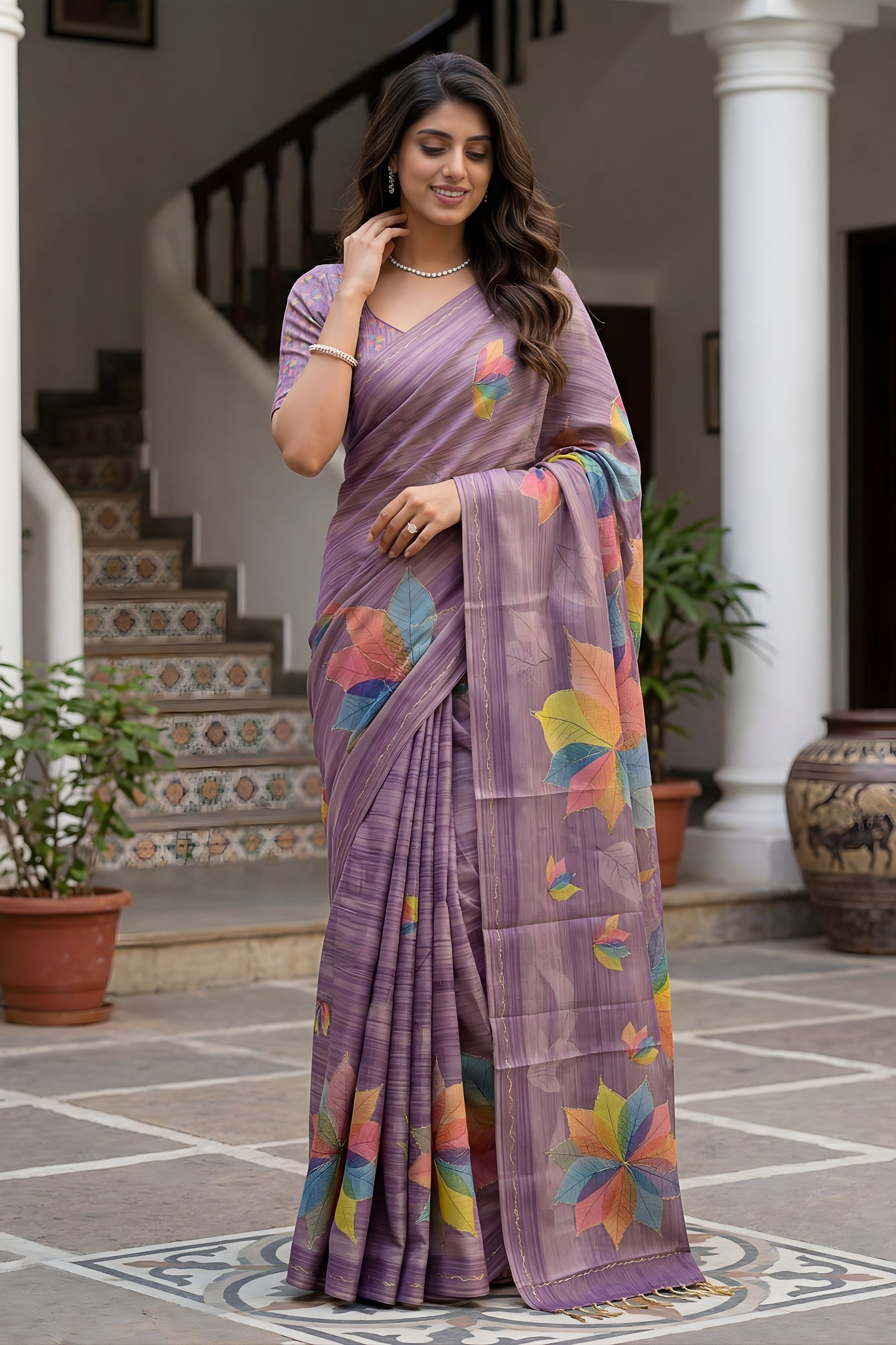 Lavender Printed Linen Silk Saree with Multicolor Leaf Design