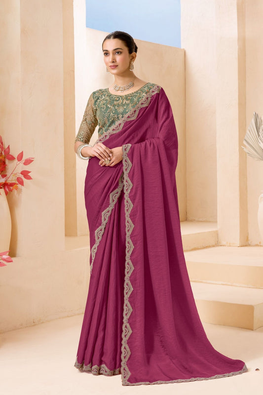 Wine Pink Silk Saree with Designer Embroidered Border Party Wear Saree