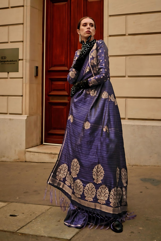Purple Banarasi Silk Saree Silver Zari Weaving Tassel Pallu