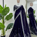 Navy Blue Embroidered Net Designer Saree Sequins Work Blouse