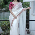 White Organza Saree Maroon Embroidered Border Designer Blouse