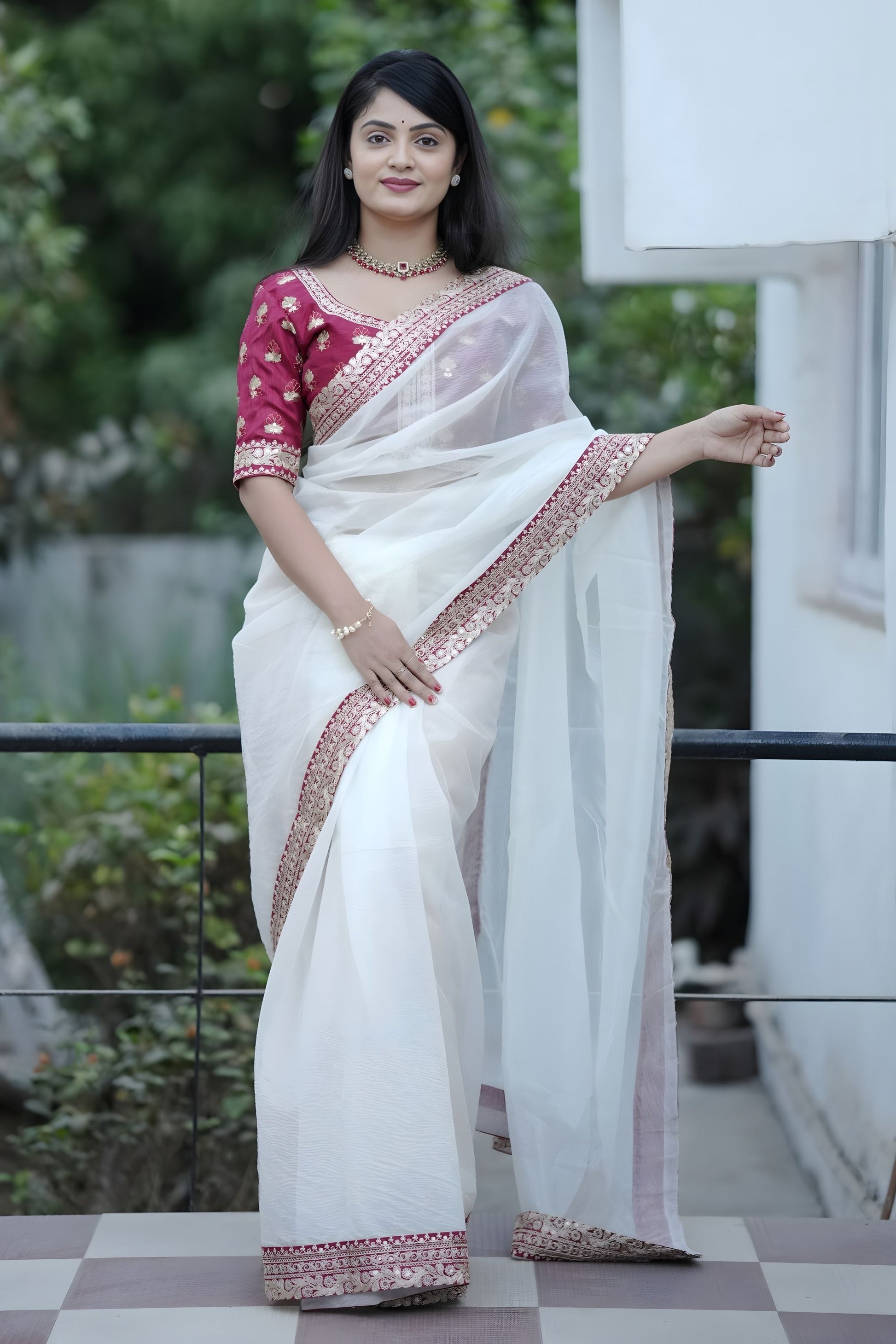 White Organza Saree Maroon Embroidered Border Designer Blouse