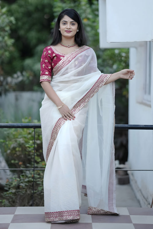 White Organza Saree Maroon Embroidered Border Designer Blouse