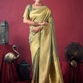  Mint Green Banarasi Silk Saree Golden Zari Woven Border Designer Blouse