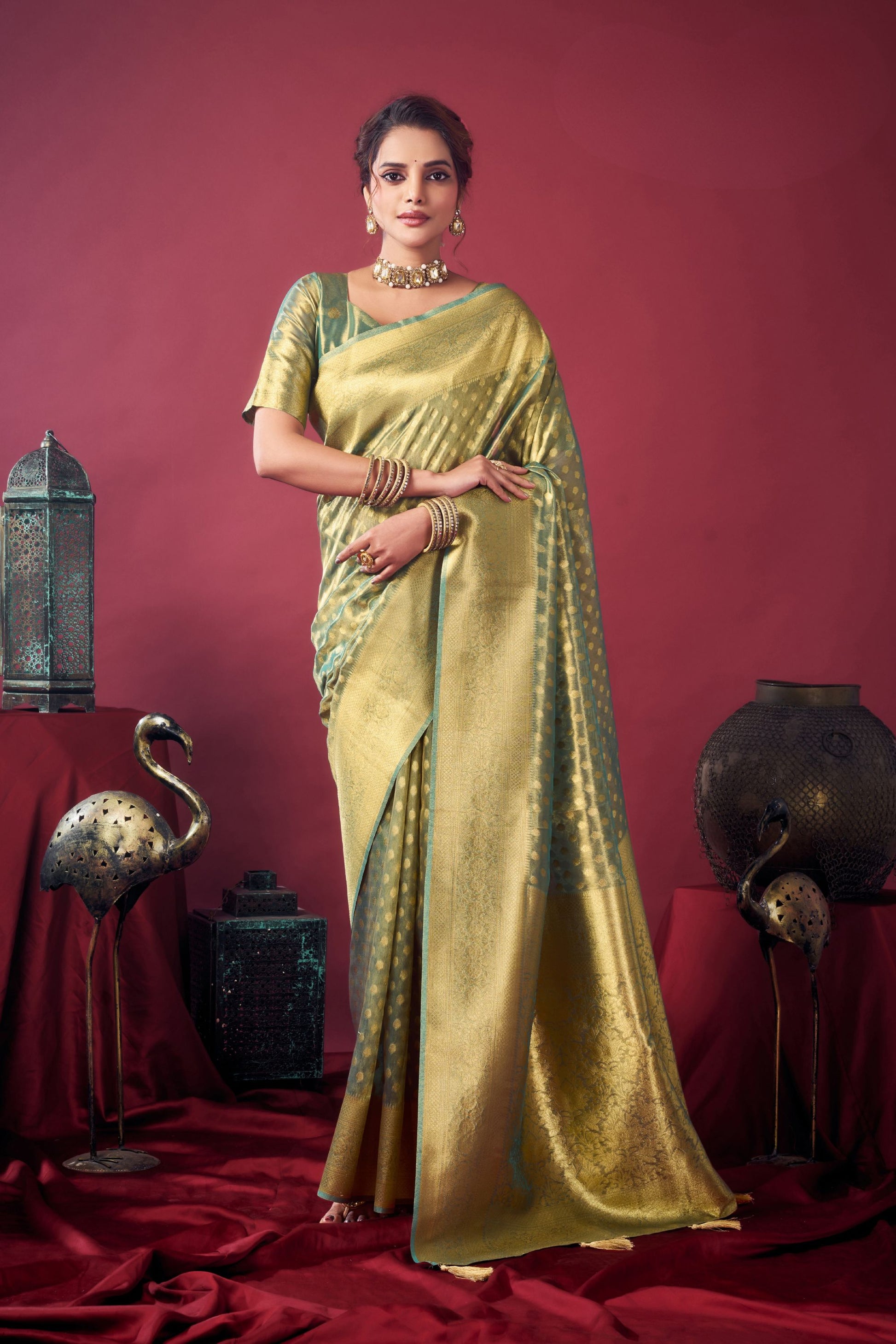  Mint Green Banarasi Silk Saree Golden Zari Woven Border Designer Blouse