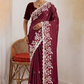  Wine Purple Satin Silk Saree Heavy Floral Embroidery Designer Blouse