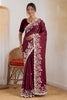 Wine Purple Satin Silk Saree Heavy Floral Embroidery Designer Blouse