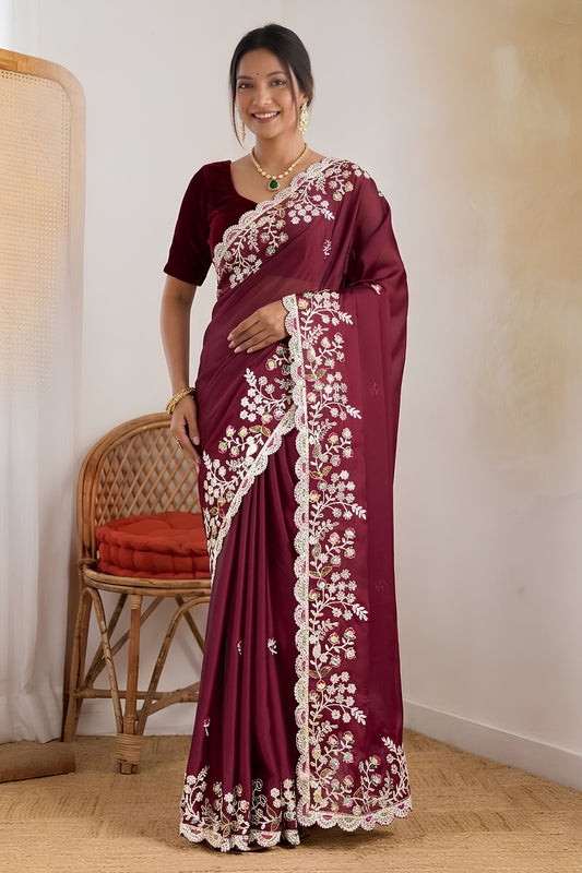  Wine Purple Satin Silk Saree Heavy Floral Embroidery Designer Blouse