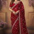 Designer Red Velvet Saree with Blouse Piece Party Wear
