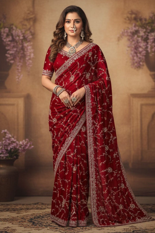 Designer Red Velvet Saree with Blouse Piece Party Wear