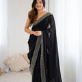 Designer Black Georgette Saree Gold Embellished Border Party Wear Saree