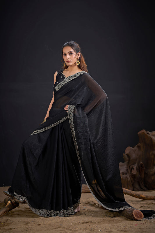 Black Organza Silk Saree Embroidered Border Designer Saree