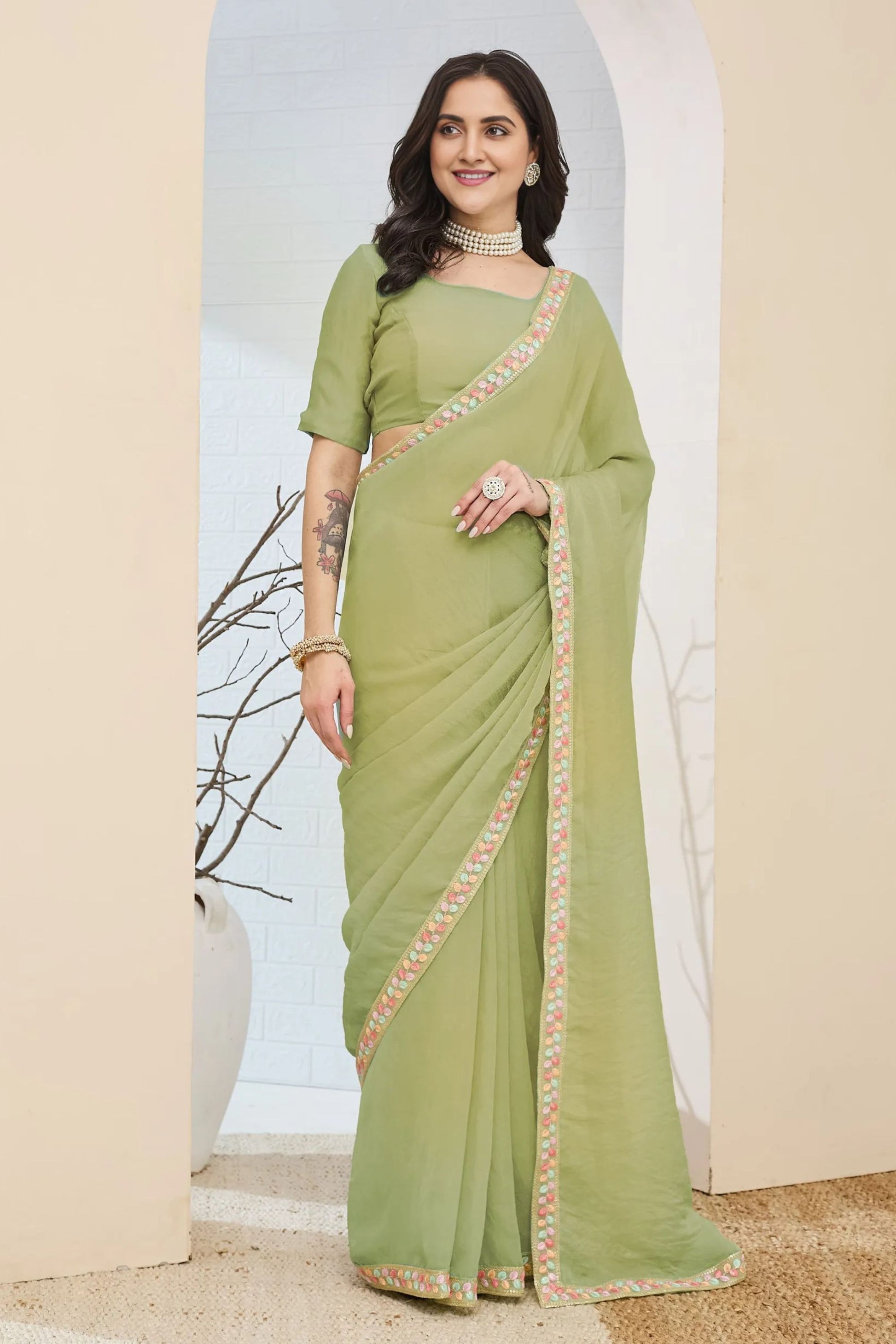 Pastel Green Designer Saree Embroidered Border Ready To Wear