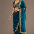 Teal Blue Silk Saree with Heavy Embroidered Border Designer Blouse