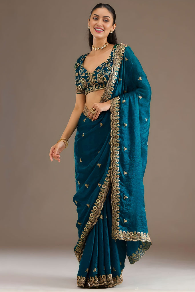 Teal Blue Silk Saree with Heavy Embroidered Border Designer Blouse