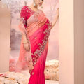 Designer Pink Peach Silk Saree Heavy Floral Embroidery Matching Blouse