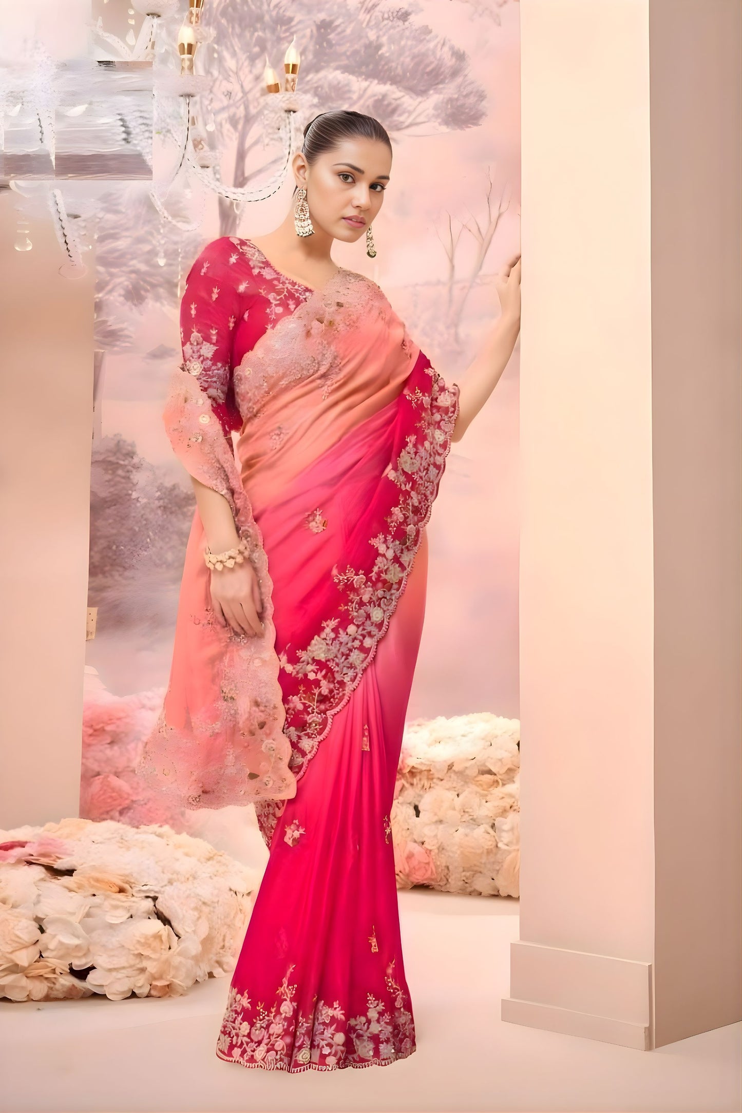 Designer Pink Peach Silk Saree Heavy Floral Embroidery Matching Blouse