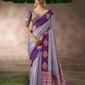 Elegant Grey Silk Saree with Contrast Purple Zari Border