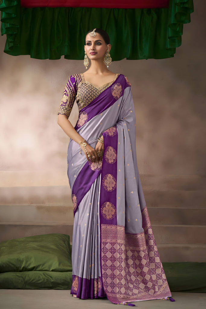 Elegant Grey Silk Saree with Contrast Purple Zari Border