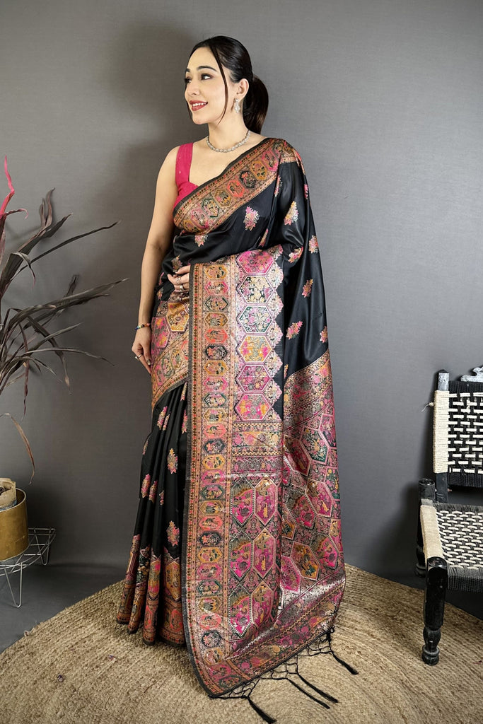 Black Soft Silk Traditional Saree Pink Gold Woven Border