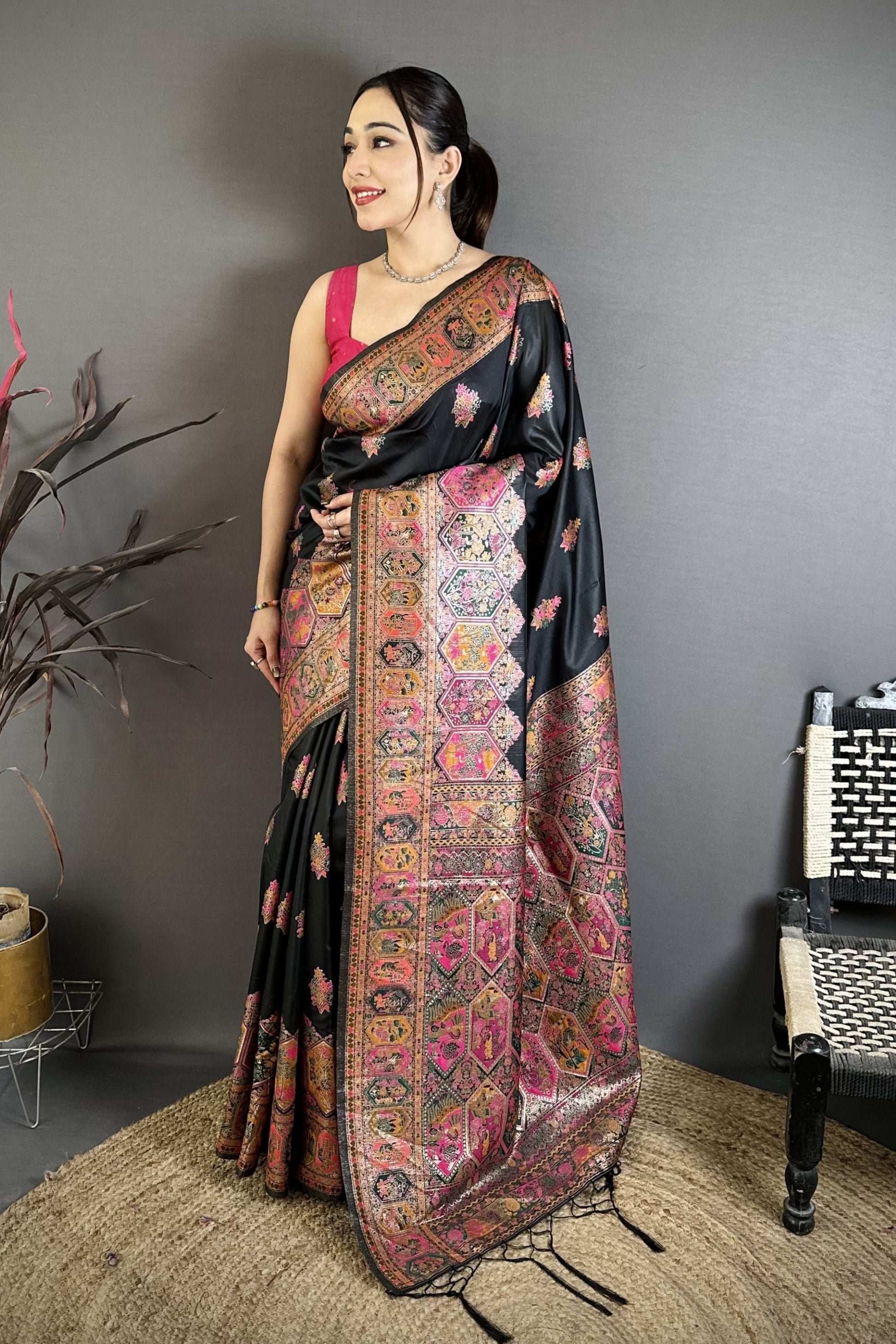 Black Soft Silk Traditional Saree Pink Gold Woven Border