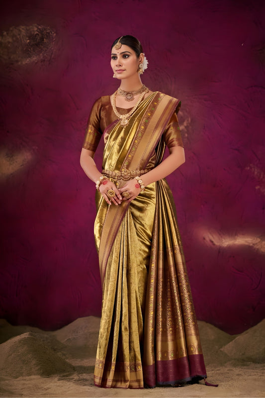 Traditional Gold Kanjivaram Silk Saree with Rich Zari Border