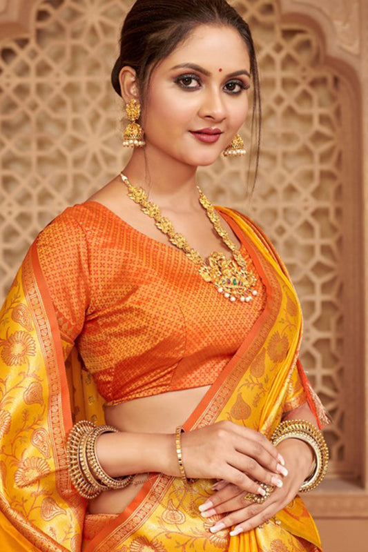 Traditional Yellow Banarasi Silk Saree Blouse Piece
