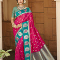 Rani Pink Teal Green Banarasi Silk Saree with Rich Gold Zari Border