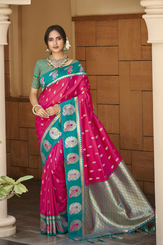 Rani Pink Teal Green Banarasi Silk Saree with Rich Gold Zari Border