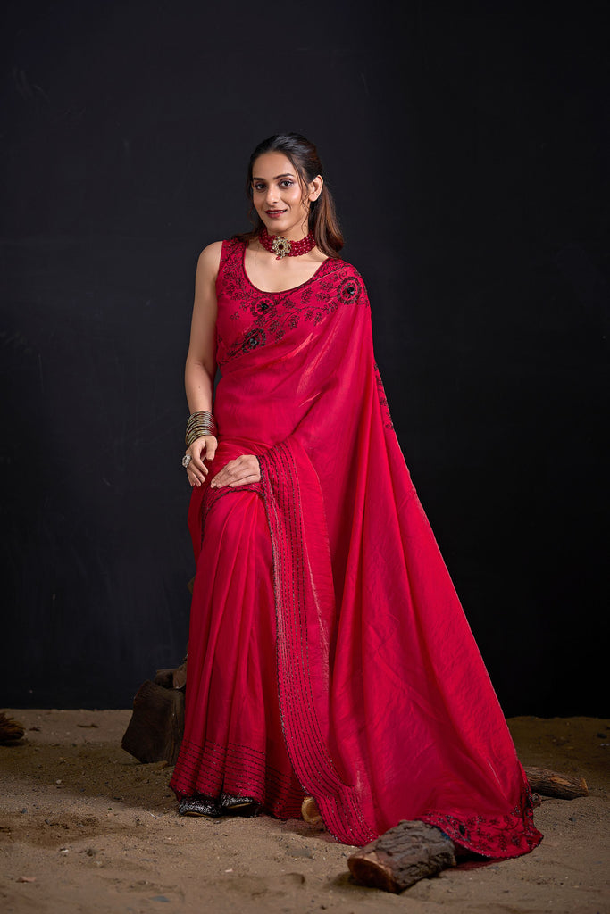 Rani Pink Embroidered Silk Saree with Designer Blouse