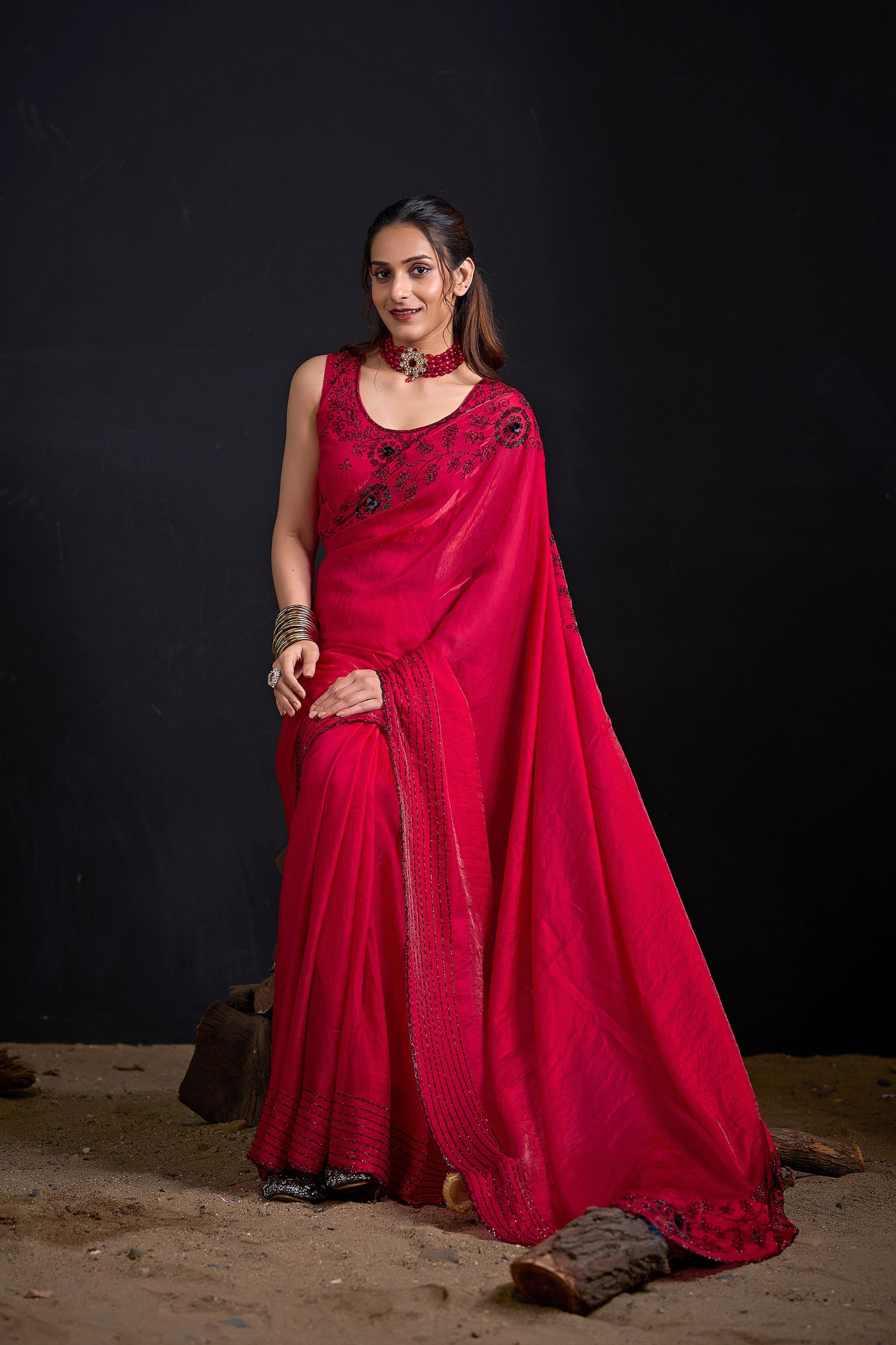 Rani Pink Embroidered Silk Saree with Designer Blouse